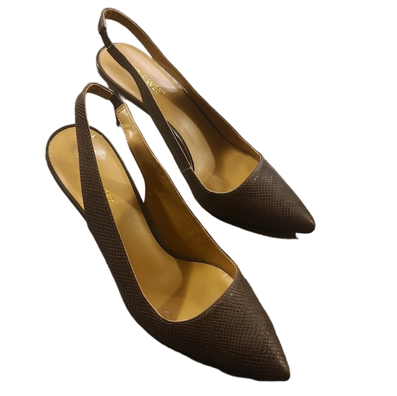 Nine West Shoes - Nine West Brown Pointy Toe Textured Sling Back Heels 8